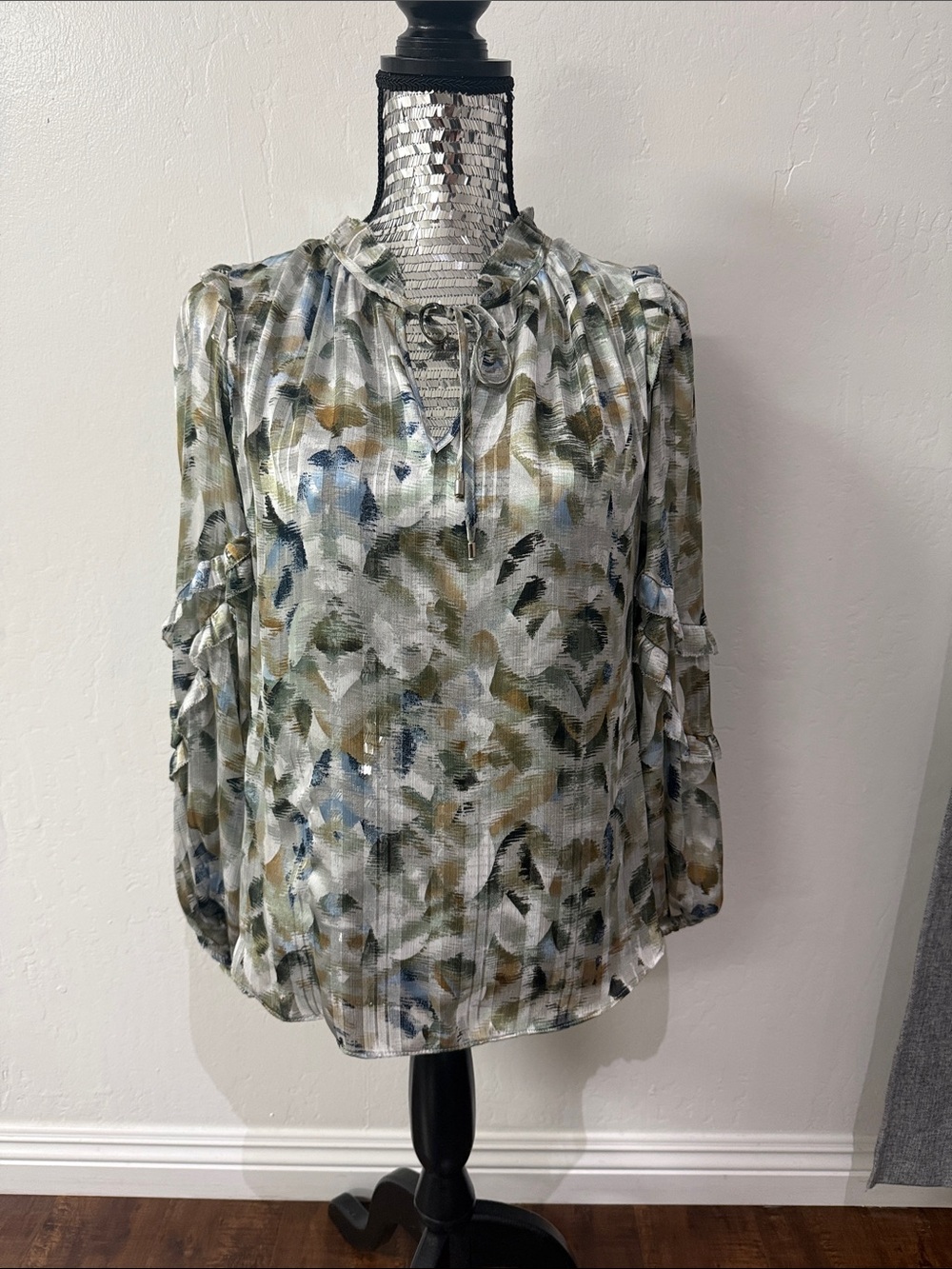 White House Black Market Olive, Blue & Cream Tie-Neck Blouse